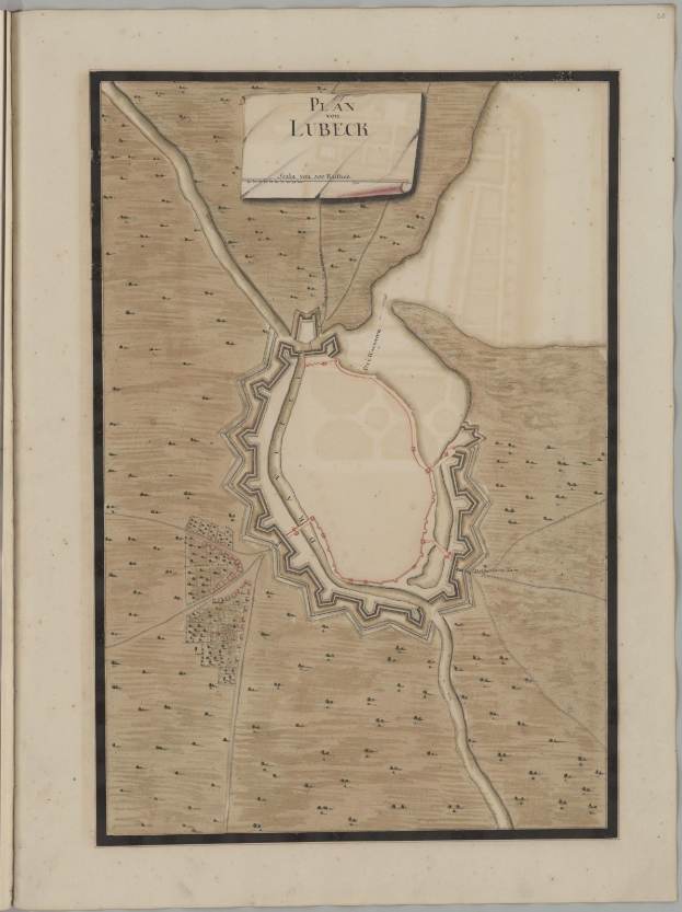 Ein altes Buch mit einer detaillierten Karte von Lübeck, das Straßen, Gebäude, Sehenswürdigkeiten und Text mit Informationen zur Bevölkerung, Geschichte und Kultur zeigt.