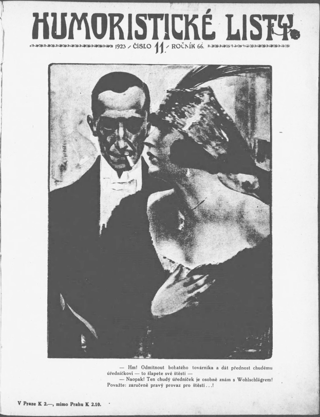 Schwarz-weißes Magazin-Cover mit der Überschrift 'Humoristische Liste', das einen Mann in einem Anzug mit ernster Miene und eine Frau zeigt, die wegschaut und leicht schmunzelt.