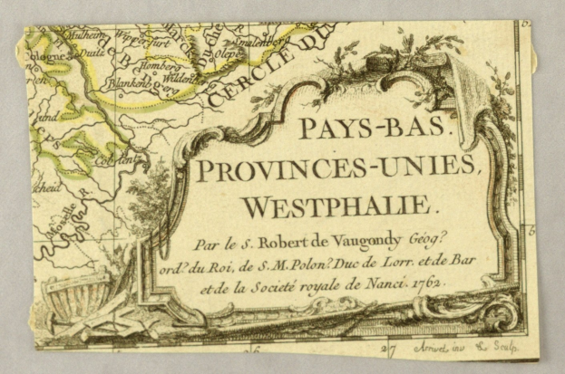 Alte Landkarte der Provinzen Westphalens auf vergilbtem Papier mit Flüssen, Bergen und Städten, begleitet von beschreibendem Text.