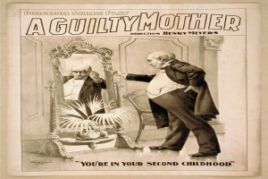 Ein Plakat, das einen Mann vor einem Spiegel mit einem Stuhl und einer Pflanze im Hintergrund zeigt, mit der Aufschrift "Eine schuldige Mutter - Du bist in deiner zweiten Kindheit."