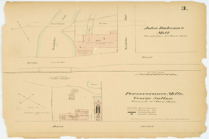 Alte Karte von San Francisco, Kalifornien, die John Dobson's Mühle in der Mitte hervorhebt, mit detaillierten Straßen, Gebäuden und Sehenswürdigkeiten sowie textuellen Informationen über die spezifikationen und den Standort der Mühle.