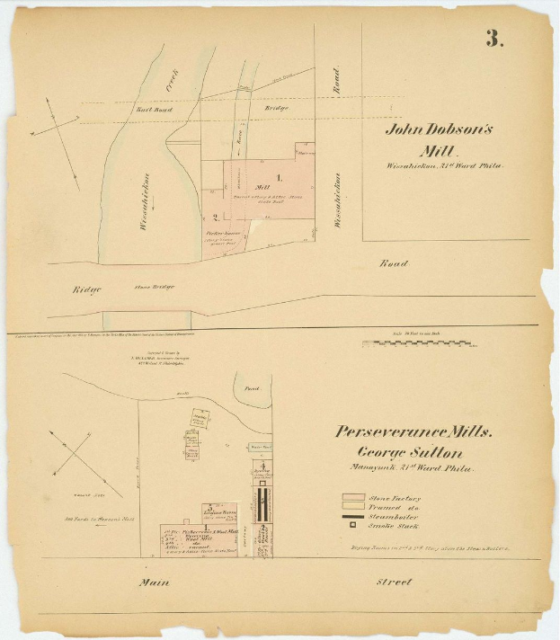 Alte Karte von San Francisco, Kalifornien, die John Dobson's Mühle in der Mitte hervorhebt, mit detaillierten Straßen, Gebäuden und Sehenswürdigkeiten sowie textuellen Informationen über die spezifikationen und den Standort der Mühle.