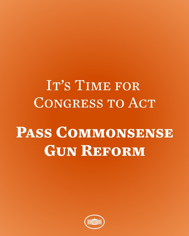 Plakat mit fetter schwarzer Schrift "Es ist an der Zeit, dass der Kongress handelt, indem er vernünftige Waffengesetzreformen verabschiedet" auf einem orangen Hintergrund.