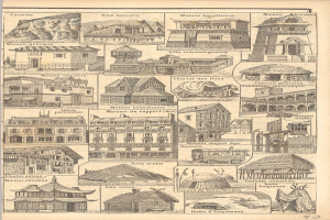 Eine detaillierte Abbildung verschiedener Gebäude mit einzigartiger Architektur, begleitet von beschreibendem Text, auf altem Papier.