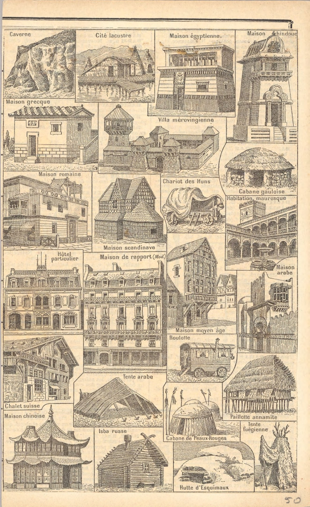 Eine detaillierte Abbildung verschiedener Gebäude mit einzigartiger Architektur, begleitet von beschreibendem Text, auf altem Papier.