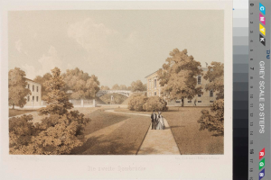 Eine Zeichnung eines Parks mit Menschen, die spazieren gehen, umgeben von Bäumen, Gebäuden, einer Brücke und einem bewölkten Himmel, mit Text unten, der "Die zweite Dombrücke in Düsseldorf" lautet.