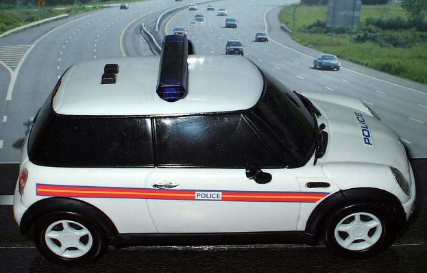 Weißer Polizeiwagen vor einer befahrenen Straße mit mehreren Fahrzeugen, Gras und Bäumen auf beiden Seiten, aufgenommen außerhalb der Stadt.