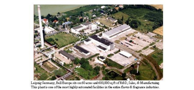 Luftaufnahme eines großen Industriegebiets in Leipzig, Deutschland, mit der Beschriftung "Bell Europe", das Gebäude, Bäume, Straßen und Strommasten zeigt.