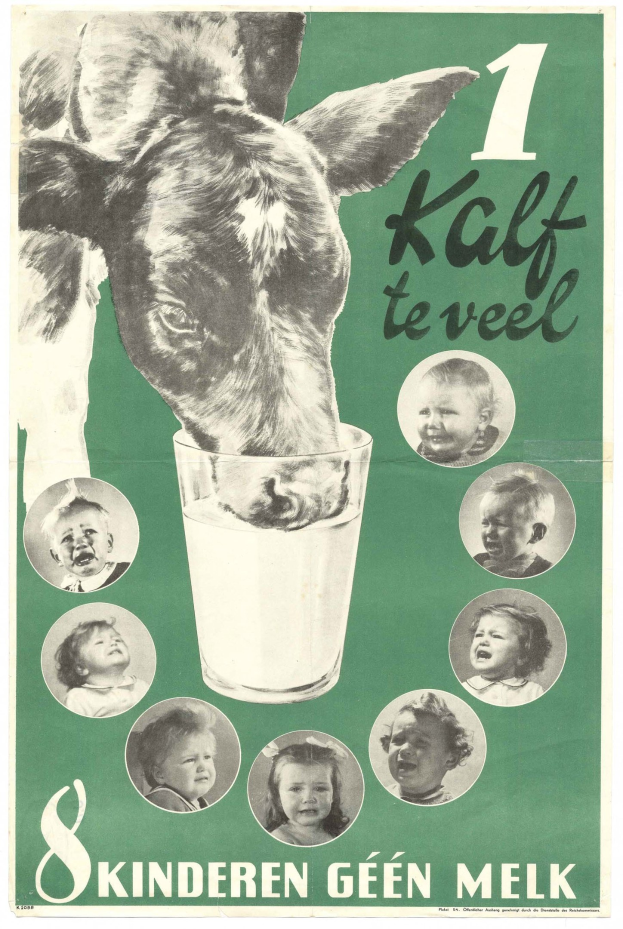 Ein Plakat mit einer Kuh, die Milch aus einem Glas trinkt, umgeben von Bildern von Kindern, mit Text.