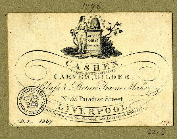 Alte Visitenkarte mit einem Porträt einer Frau in einem weißen Kleid mit einem Dutt, die zur Seite schaut, mit der Aufschrift "Cashen, Carver, Gilder" und einem Stempel.