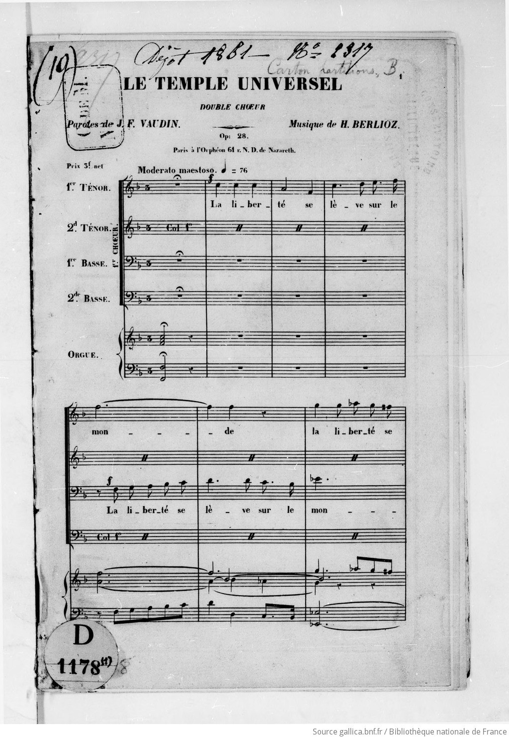 Schwarzes und weißes Notenblatt mit dem Titel "Le Temple Universal" und musikalischer Notation.