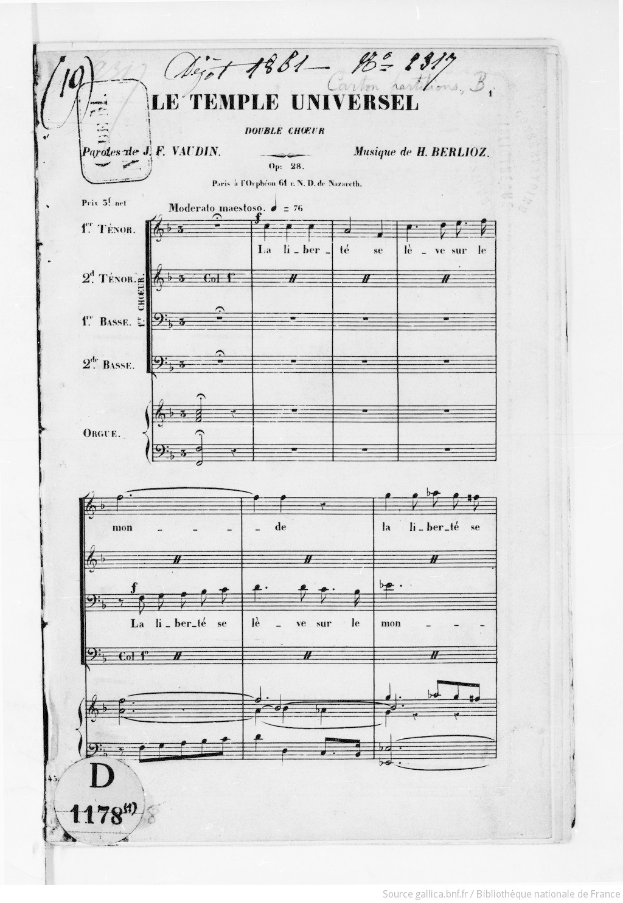 Schwarzes und weißes Notenblatt mit dem Titel "Le Temple Universal" und musikalischer Notation.