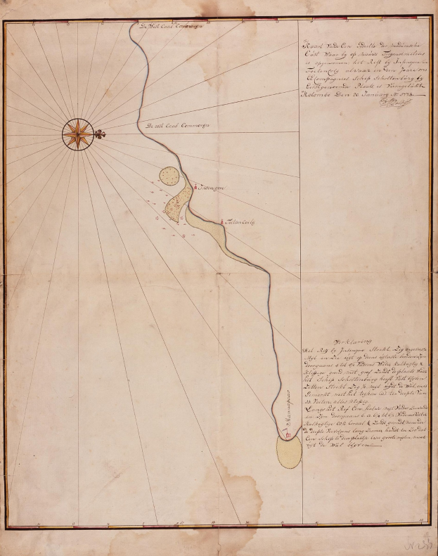 Eine von Hand gezeichnete Karte eines Gewässers mit beschrifteten geografischen Merkmalen wie Bergen, Flüssen und Städten, begleitet von erklärendem Text.