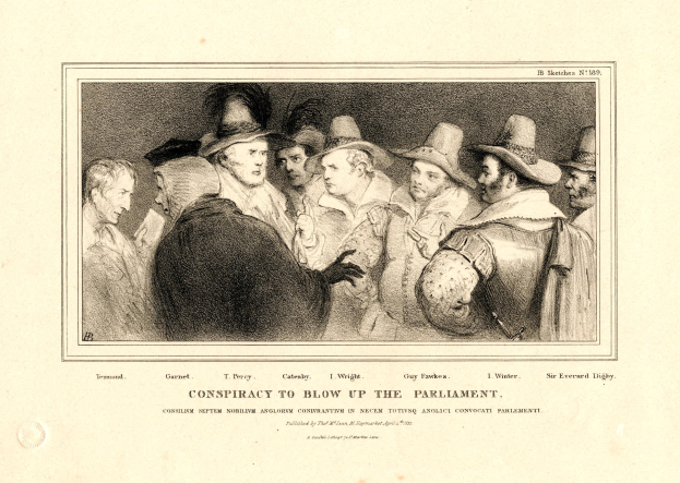 Gruppe von Menschen in Notlage mit einem Blatt Papier, auf dem "Verschwörung, das Parlament in die Luft zu jagen" steht, vor einem dunklen Hintergrund.