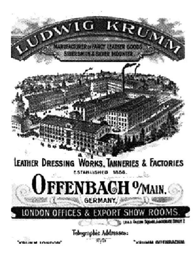 Ein Schwarz-Weiß-Bild eines Geböudes mit dem Text "Ludwig Krumm Lederpflegerei, Gerbereien & Fabriken, Offenbach, Deutschland" darauf.
