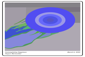 Ein Plakat mit einem blauen und grünen Kreis in der Mitte, umgeben von einem grauen Hintergrund, mit der Aufschrift "Contemplating Happiness - August Meriwether".