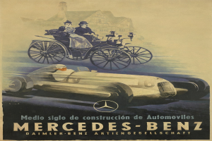 Vintage-Mercedes-Benz-Werbung aus den 1930er Jahren mit einem Plakat, das ein Auto, zwei Personen im Inneren und ein Geb├Ąude im Hintergrund zeigt, begleitet von beschreibendem Text.