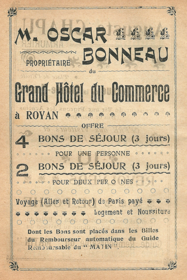 Werbung für das Grand Hotel du Commerce in Paris mit Texten, die die Hoteldienste anpreisen.
