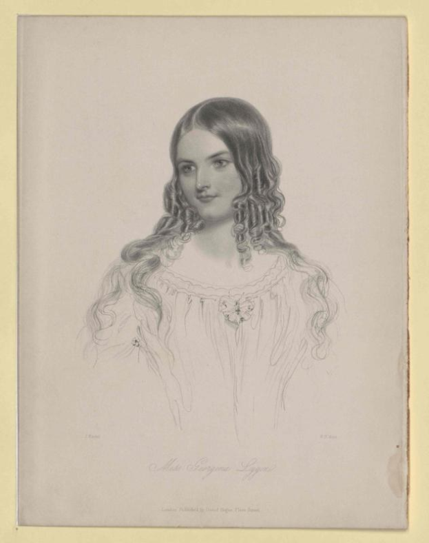 Eine Zeichnung von Miss Georgina Lyngen von Thomas Rowlandson, die eine junge Frau mit langen Haaren zeigt, die in einem ordentlichen Dutt frisiert sind, ein weißes Kleid mit hohem Kragen und langen Ärmeln trägt und einen sanften, friedlichen Gesichtsausdruck hat.