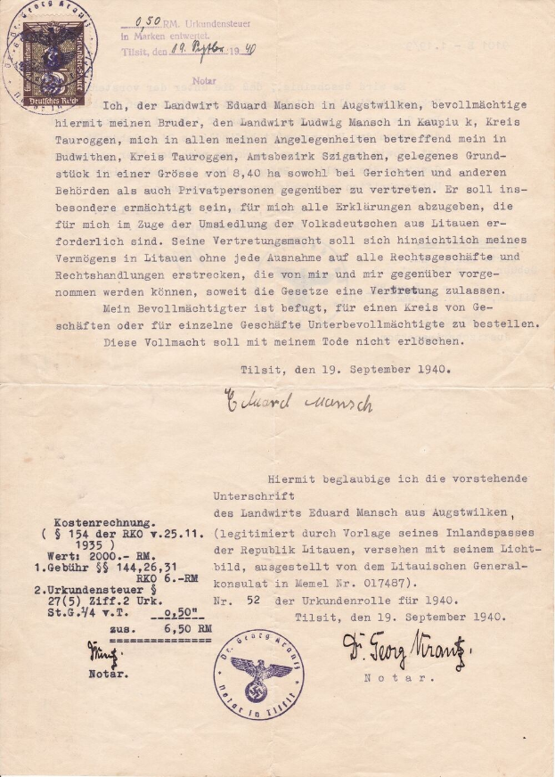 Getippter Brief der deutschen Armee an den Präsidenten der Vereinigten Staaten, datiert auf den 19. September 1940, auf weißem Papier mit schwarzem Rand und Siegel gedruckt, mit schwarzer Tinte einschließlich Datum, Uhrzeit und Ort.