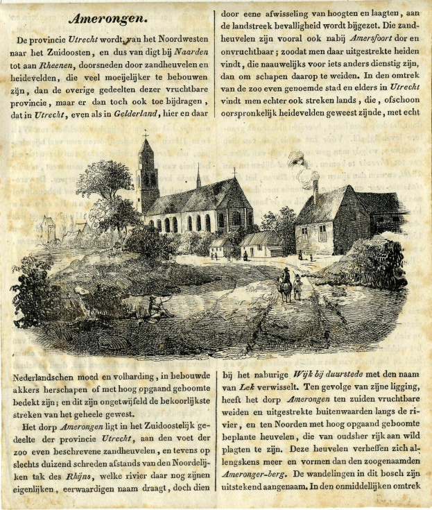 Ein altes Buchcover mit einer Zeichnung eines Dorfes, einschließlich Häusern, Bäumen und Menschen, sowie sichtbarem Text.