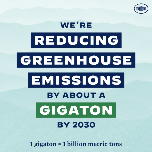 Plakat mit Text und Logo, das besagt: "Wir reduzieren die Treibhausgasemissionen um etwa eine Gigatonne bis 2030", das für eine signifikante Reduzierung der Treibhausgasemissionen bis 2030 wirbt.