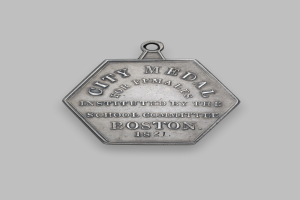 Silberne Medaille mit der Aufschrift 'Stadtmedaille für Frauen' auf weißem Hintergrund.