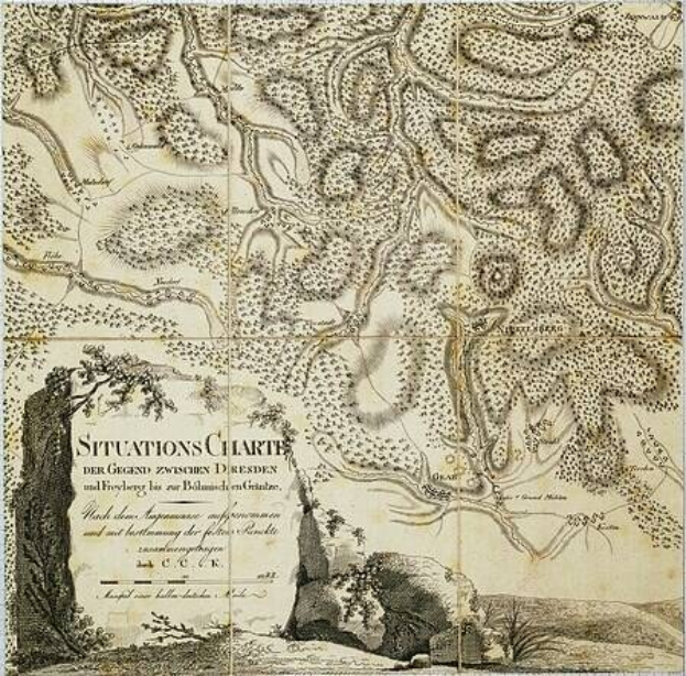 Alte Karte von London, England, mit Text zur Detailierung von Standorten, überlagert mit einer Grafik der Route zwischen Dresden und Freiburg, gedruckt auf Papier.