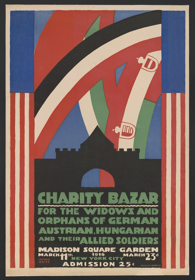 Plakat für den Wohltätigkeitsbasar der Witwen und Waisen deutscher, australischer, ungarischer und alliierter Soldaten mit Text zur Veranstaltung.