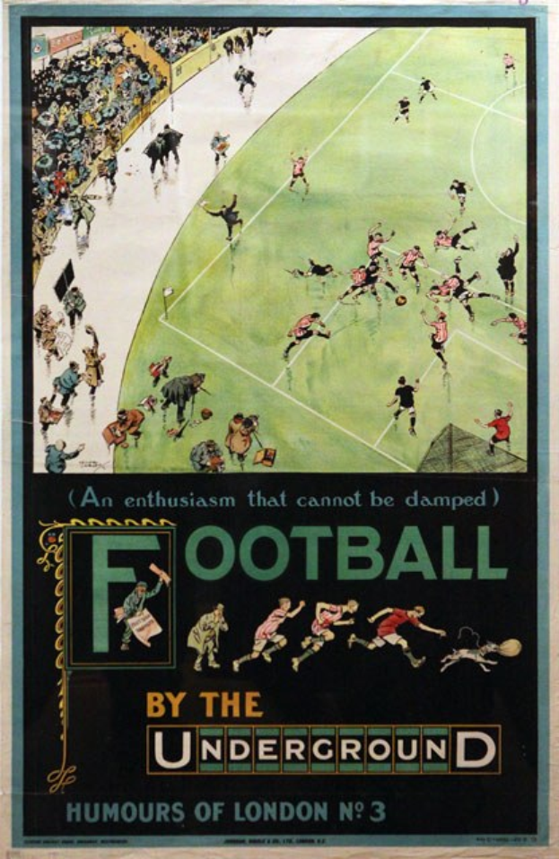 Plakat, das Zuschauer in einem Stadion bei einem Fußballspiel zeigt, mit der Überschrift "Fußball von der U-Bahn - Humours of London No. 3" oben.