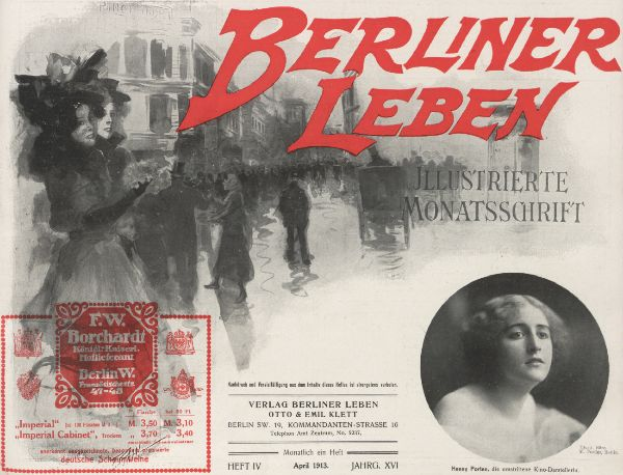 Eine Frau in einem Kleid und ein Mann in einem Anzug sind auf einer Werbung für den Berliner Leben Film zu sehen, mit Text, einem Stempel und einigen Menschen und Gebäuden im Hintergrund.