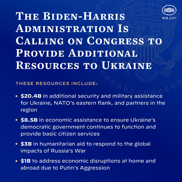 Blauer Plakat mit dem Logo und Text der Biden-Harris-Regierung, der die Kongressabgeordneten zur Bereitstellung weiterer Ressourcen für die Ukraine auffordert.