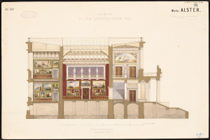 Ein detailliertes Bild einer Opernhausfassade, geschmückt mit Fenstern, Türen, Säulen und farbenfrohen Gemälden, die Innenansichten zeigen, mit begleitendem Text, der historische Informationen bereitstellt.