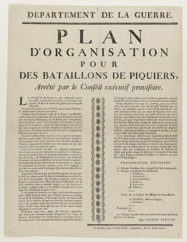 Ein historisches Dokument mit dem Titel "Plan d'Organisation pour des Batailons de Piquiers, Arreté par le Conféil Executif Provifoire", das einen Plan für die Schlacht von Piquier beschreibt.