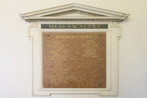 Rechteckige weiße Plakette mit schwarzer fetter Schrift "Med Facilitat" an einer Gebäudewand angebracht.