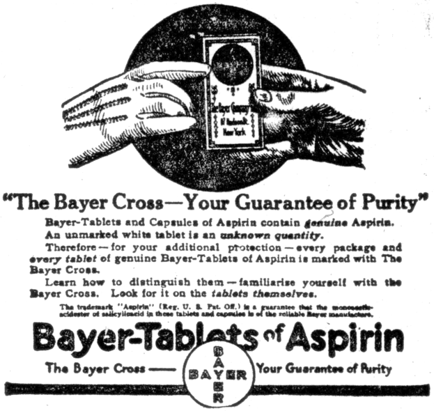 Ein Schwarz-Weiß-Plakat mit einer Hand, die eine Bayer-Tablette Aspirin hält, und dem Text "Das Bayer-Kreuz - Ihre Garantie für Reinheit" darunter.