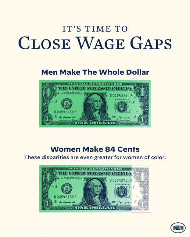 Plakat mit Dollar-Symbol und Text "Es ist Zeit, Lohnlücken zu schließen, Männer verdienen den ganzen Dollar", das Lohnungleichheit hervorhebt.