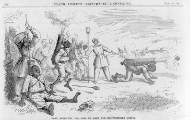 Ein Schwarz-Weiß-Cartoon von Männern in einem Feld, einige halten Gewehre und andere liegen am Boden, mit dem Text "Dunkle Artillerie oder Wie man die Schmuggler nutzbar macht" oben und unten.