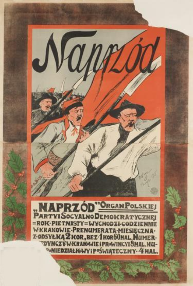 Ein polnisches Propagandaplakat für die polnische Revolution, das einen Mann mit einem menschlichen Gesicht in der Mitte zeigt und Text enthält, der Informationen über das Ereignis bereitstellt.