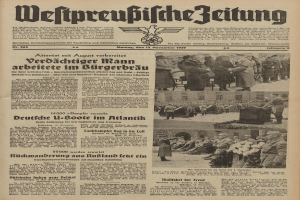 Schwarz-weißer Titelseite einer deutschen Zeitung vom 13. November 1939, betitelt 'Weitpreubliche Zeitung', zeigt eine Gruppe von Menschen in traditioneller deutscher Tracht in einer feierlichen Umgebung.