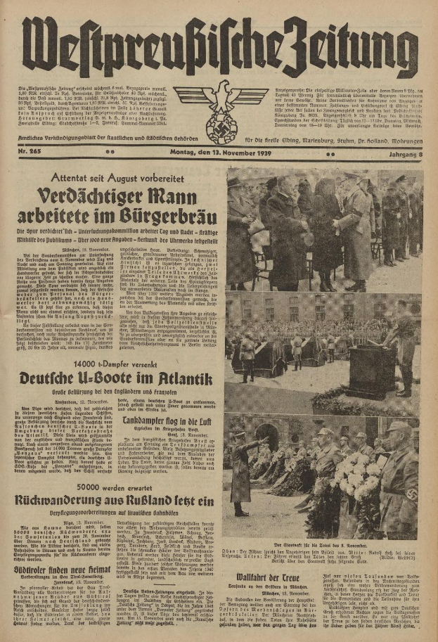 Schwarz-weißer Titelseite einer deutschen Zeitung vom 13. November 1939, betitelt 'Weitpreubliche Zeitung', zeigt eine Gruppe von Menschen in traditioneller deutscher Tracht in einer feierlichen Umgebung.