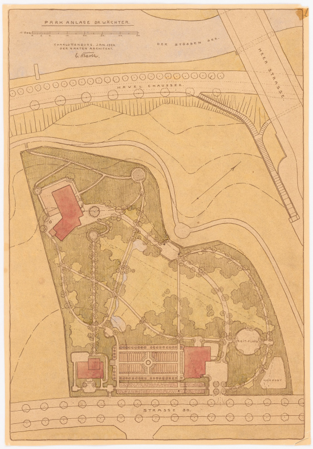 Detailierte alte Karte eines Parks mit Gebäuden, Bäumen, Straßen, Sehenswürdigkeiten und Text auf vergilbtem Papier.