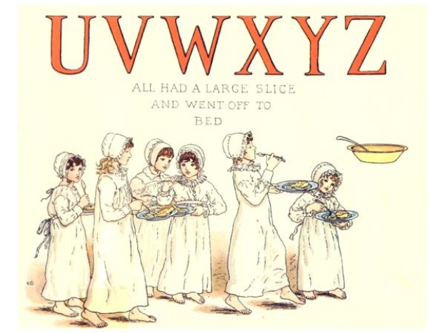 Eine Gruppe von Menschen mit Tellern mit Essen, einer Schüssel und einem Löffel, mit Text obenstehend "Uwxyz - Alle hatten einen großen Bissen und gingen ins Bett."
