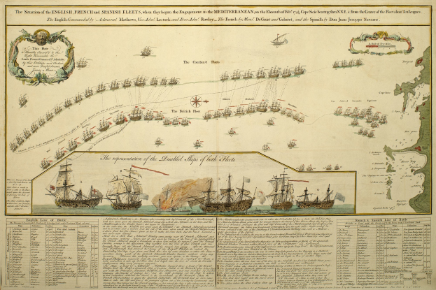 Eine Karte der britischen und spanischen Flotte im Mittelmeer auf einem Papier, mit mehreren Schiffen im Hintergrund und begleitendem Text.