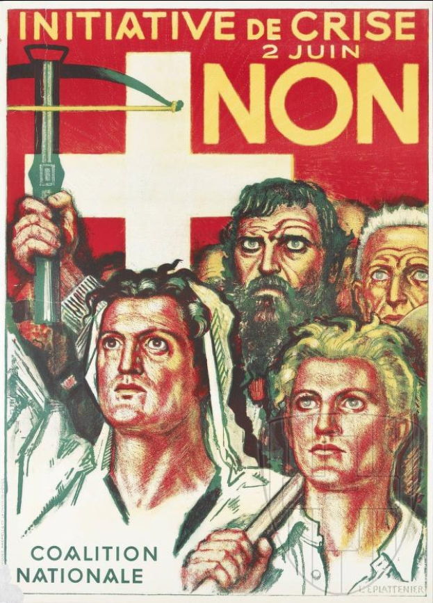 Ein Plakat für die Coalition Nationale, eine Kriseninitiative, das eine Gruppe von Menschen mit Hammer und Sichel zeigt und Textinformationen über die Organisation und ihre Mission enthält.
