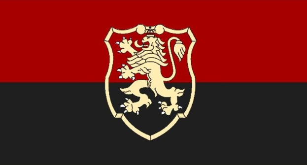 Eine rote und schwarze Flagge mit einem zentralen Löwen in einem schwarzen Rand, darstellend das historische Wappen Deutschlands.