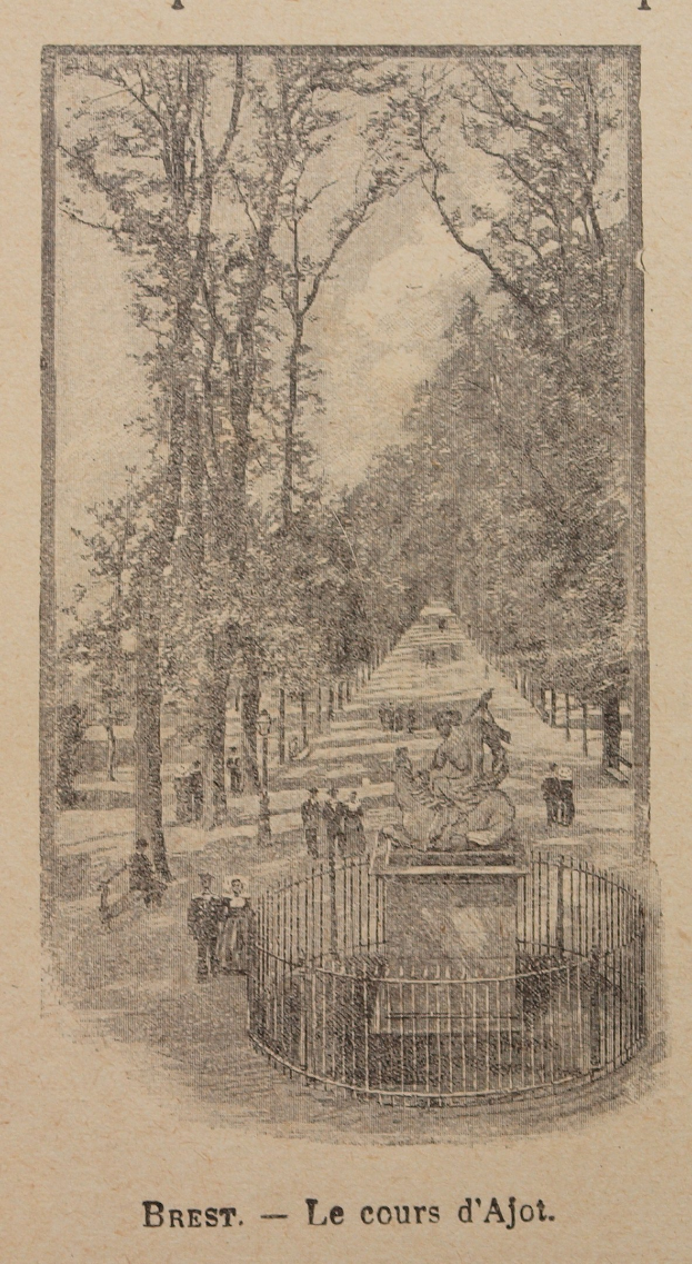 Alter Buchumschlag mit einer detaillierten Illustration eines Parks, einschließlich hoher Bäume, Menschen, die auf einem Weg spazieren gehen, einem Zaun und kleinem Text, der historische oder kulturelle Informationen über den Park bereitstellt.