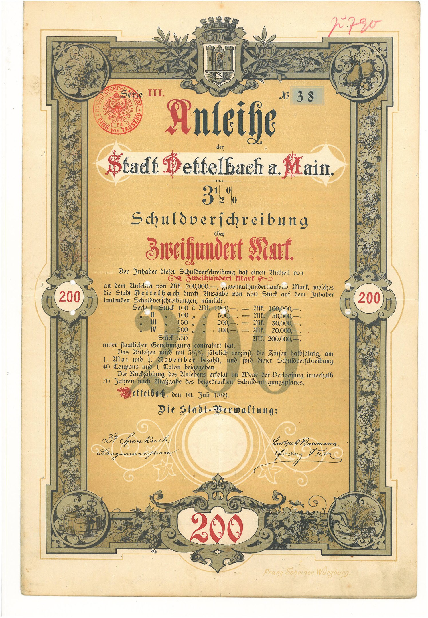 Alte deutsche Aktienurkunde mit einem Männerporträt, mit Text und numerischen Werten, die die Aktiendetails angeben.