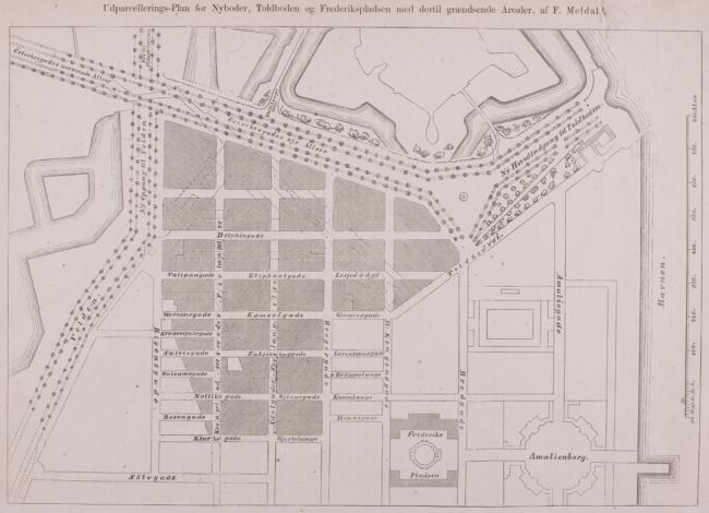Alte Karte von Amsterdam, Niederlande, mit Plänen für Nybolder, Toldbolder und Frederikkepladen sowie begleitendem handgeschriebenem Text.