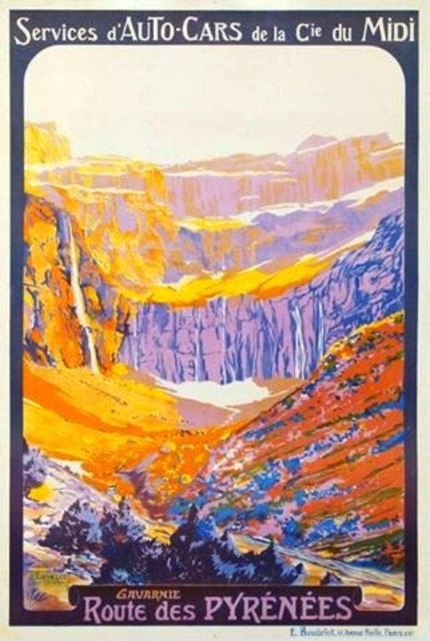 Werbeposter für eine Autowerkstatt in den Pyrenäen, Frankreich, mit einer Landschaft aus Hügeln und einem hellblauen Himmel sowie Text mit Dienstleistungsdetails.